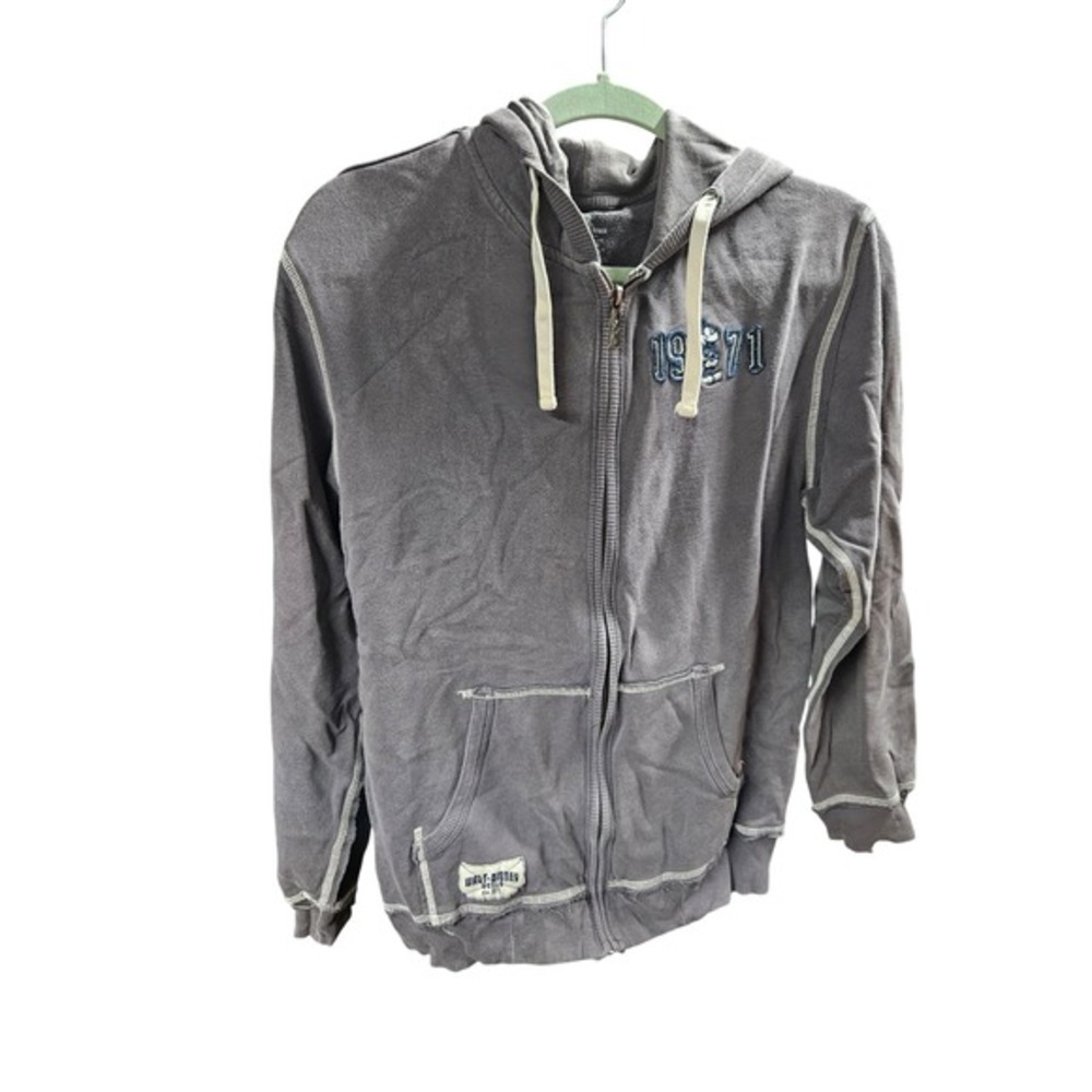 Gray Full Zip Hoodie 1971 Embroidered Pocket Everyday Casual Layering